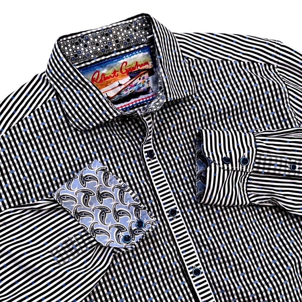 Robert Graham Striped Check Button Up Shirt Long Sleeve‎ Classic Fit Designer L